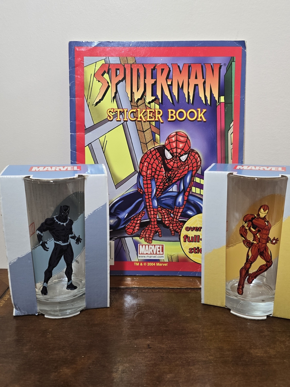 Vintage Marvel Spider-Man Sticker Book Glass Tumbler Lot Iron Man Black Panther